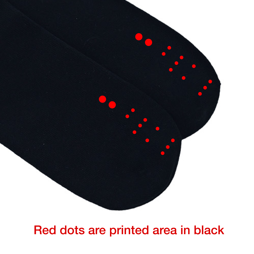 A technical design guide for black socks with bright red dots indicating the precise 3D-printing area for the tactile markers.