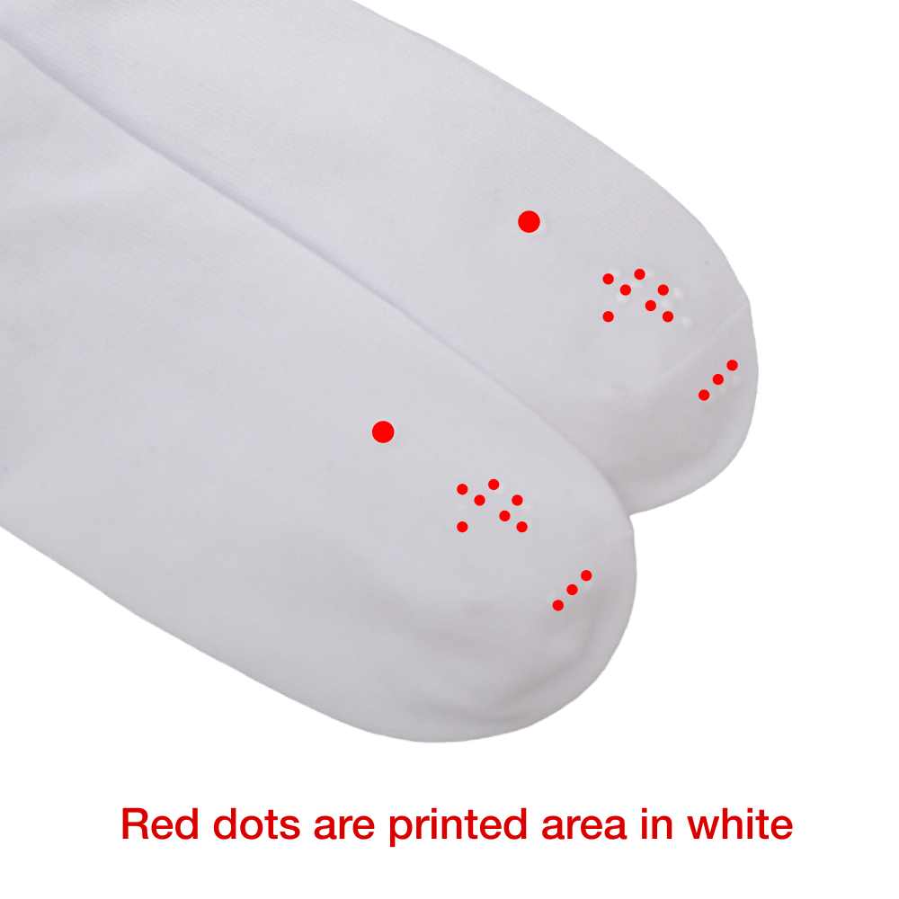 Technical guide showing white ankle socks with red dots indicating the specific placement of the tactile 3D-printed markers.